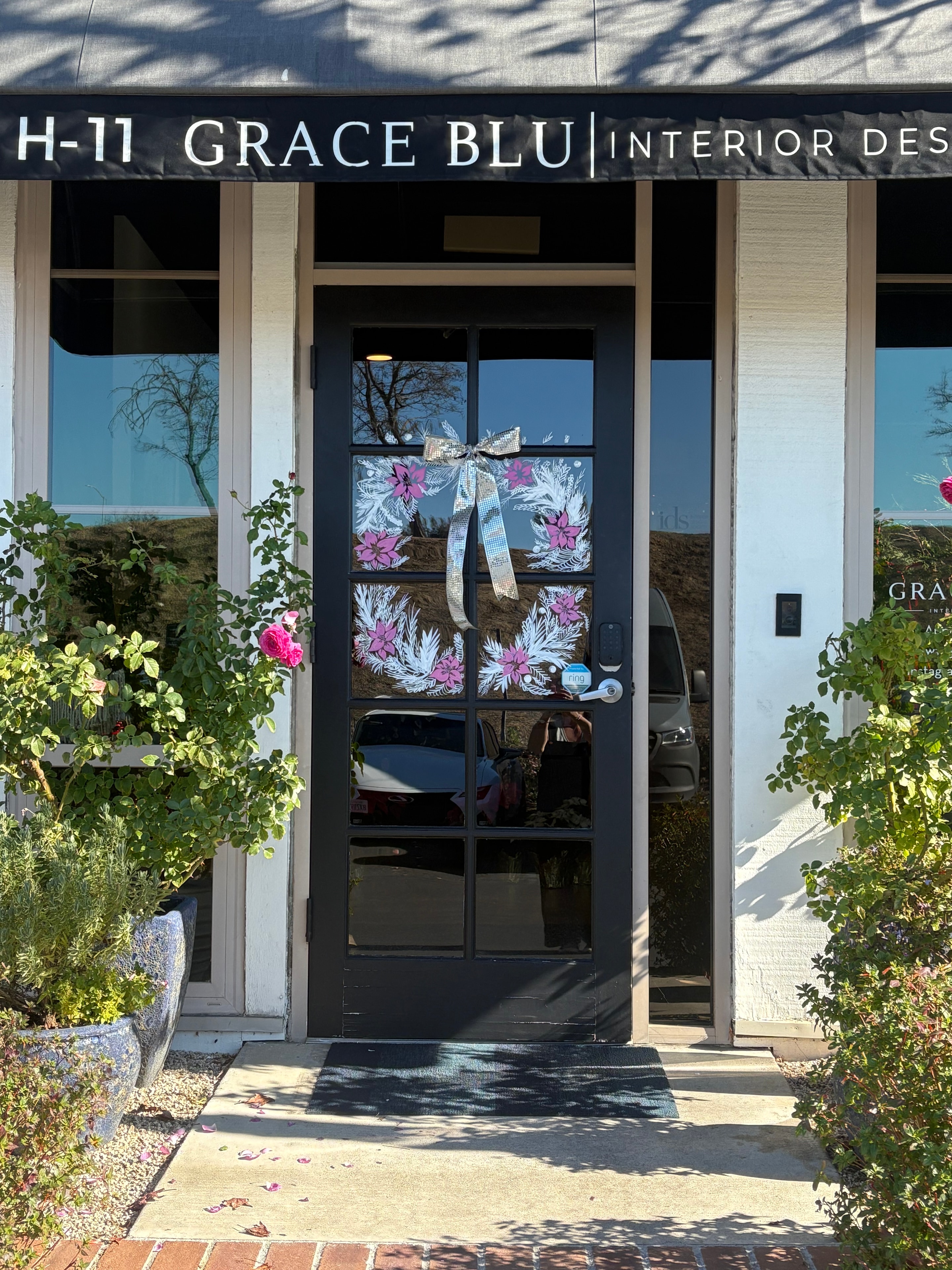Grace Blu door — pink holiday wreath with white evergreen by Shannon Paints